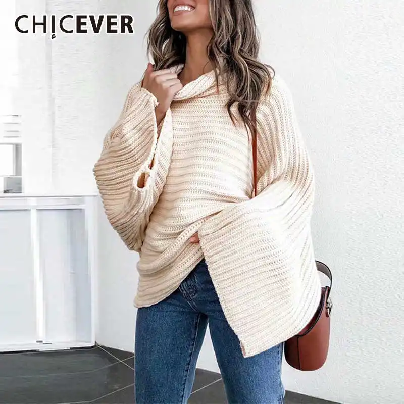 CHICEVER Korean Knitted Sweater For Women Turtleneck Batwing Sleeve Large Size Pullover Loose Sweaters Female 2020 Winter New | Женская