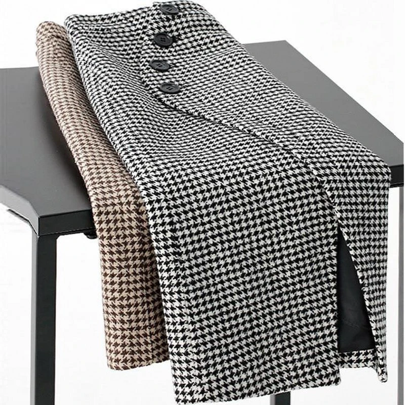 Autumn Women Midi Vintage Tweed Skirts Office Ladies Winter High Waist