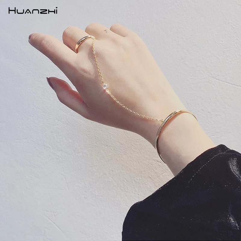 

HUANZHI 2019 New Star Same Paragraph One-piece Rhinestone Ring Chain Long Section Metal Bracelet Bangle for Women Men Girl Party