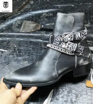 

FR.LANCELOT Black Leather Real Pics Luxury Design Men Boots Ankles Botines Chains Buckles Low Heel Shoes Mens Zapatos De Mujer