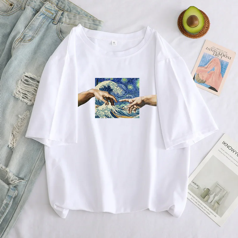 Women T Shirts Funny Print Aesthetic Hand Graphic T-shirt Oversized Tshirt Casual Top Tees Michelangelo Clothes Female T-shirt