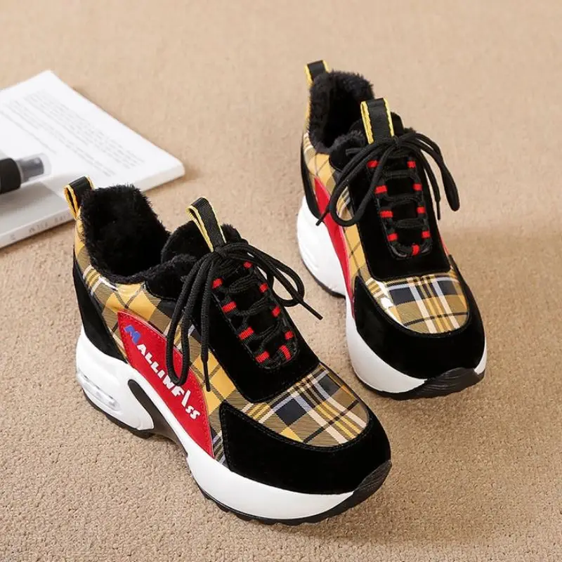 Coolcept Winter Warm Sneakers Thick Bottom Shoes Cross-Tied Plaid Flock Platform Hidden Boots Pattern Ladies Footwear Size 35-40