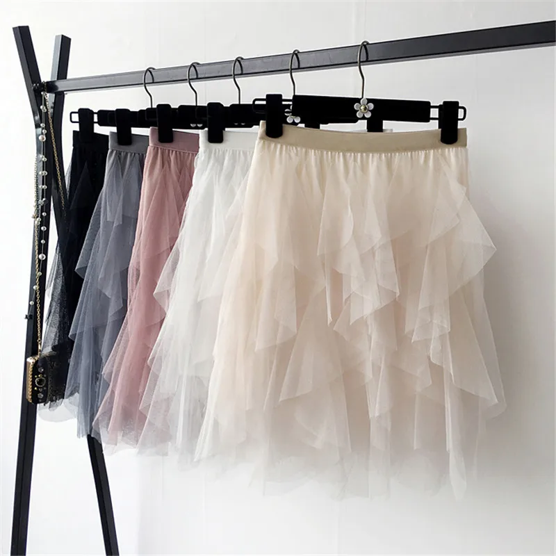 Летние Асимметричные плиссированные тюлевые юбки для женщин; мини-юбка в сеточку; вечерние юбки принцессы с эластичной резинкой на талии; Многослойная короткая юбка-пачка розового цвета
