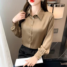 

Satin Women Shirts Blouses 2021 Fashion Long Sleeve Blouse Silk Ladies Tops Solid Basic Woman Clothes Elegant OL Button Up Shirt