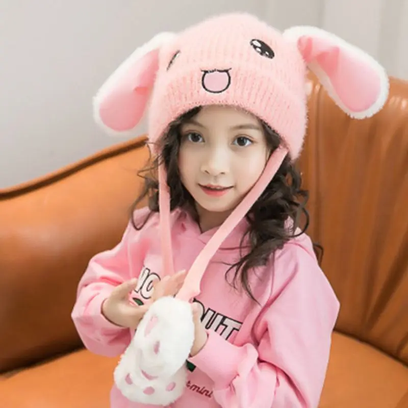 Toddler Kids Cute Rabbit Face Embroidery Knitted Hat with Airbag Moving Ears Winter Warm Thick Plush Doll Beanie Cap Gifts 1-10T