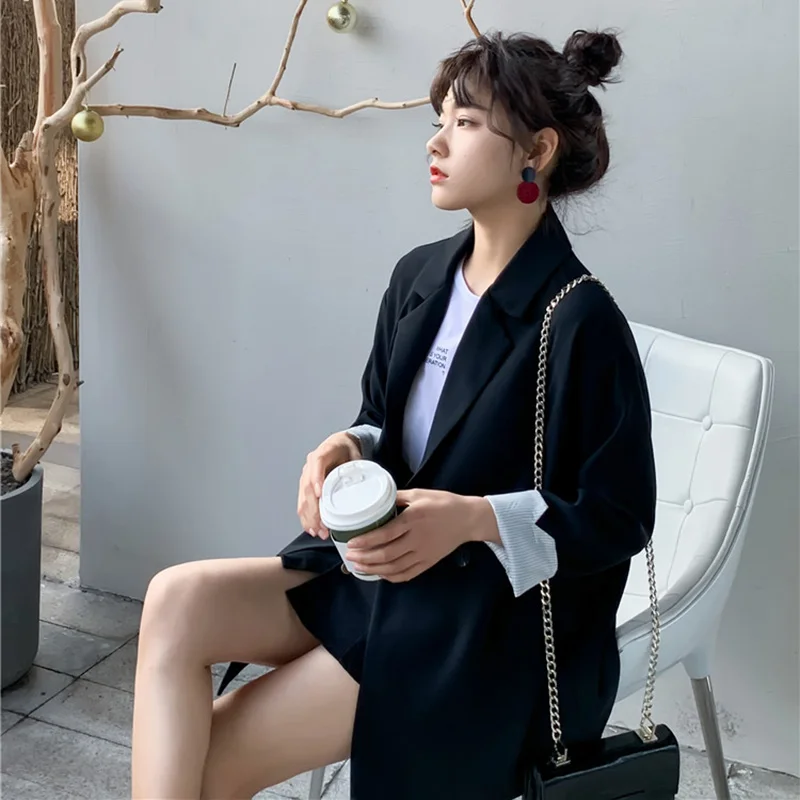 Высокое качество женский, черный блейзеры осенний Модный корейский стиль, на одной пуговице, свободные Повседневное длинный костюм куртки, женская верхняя одежда S005