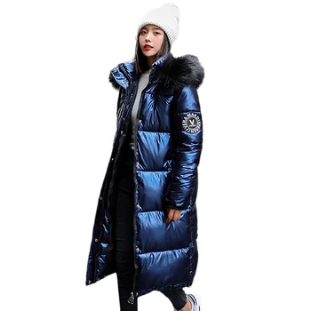 

women X-long oversize blue down jackets thick casual with fur epaulet 2020 winter female down coats hooded solid piumini donna