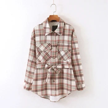 

Women Spring Long Sleeve Turn Plaid Thicken Shirt Thicken Plus Size Loose Shirt Long Sleeve Sinlge Breasted Blouse XB224