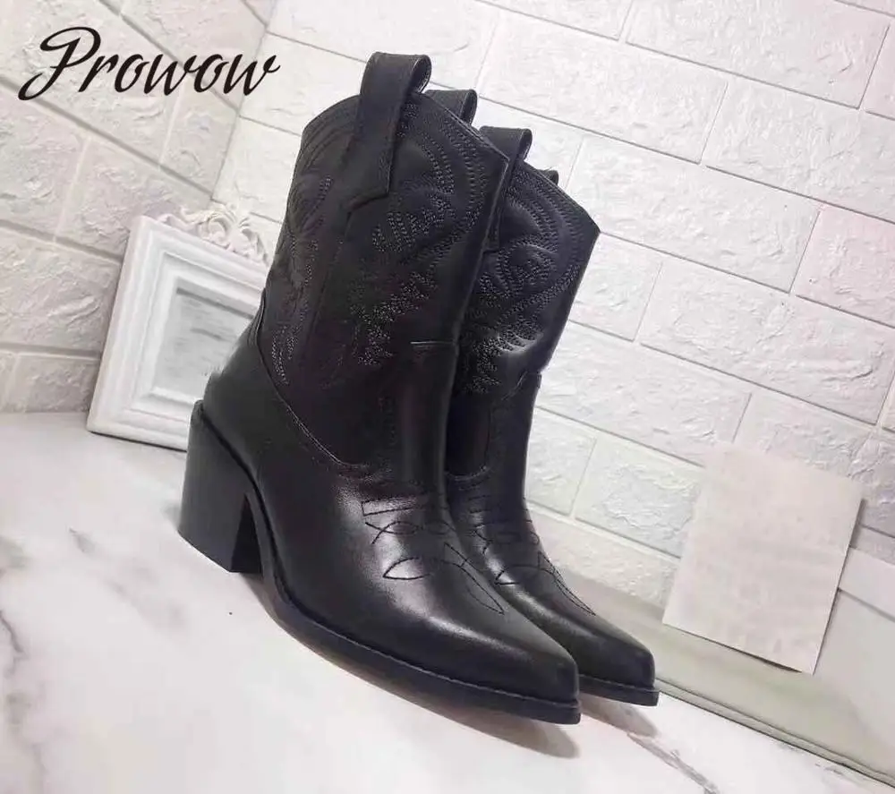 

Prowow New Genuine Leather Slip On Women Boots Sexy Pointed Toe Thick Heel Autumn Winter Cowboy Boots Branded