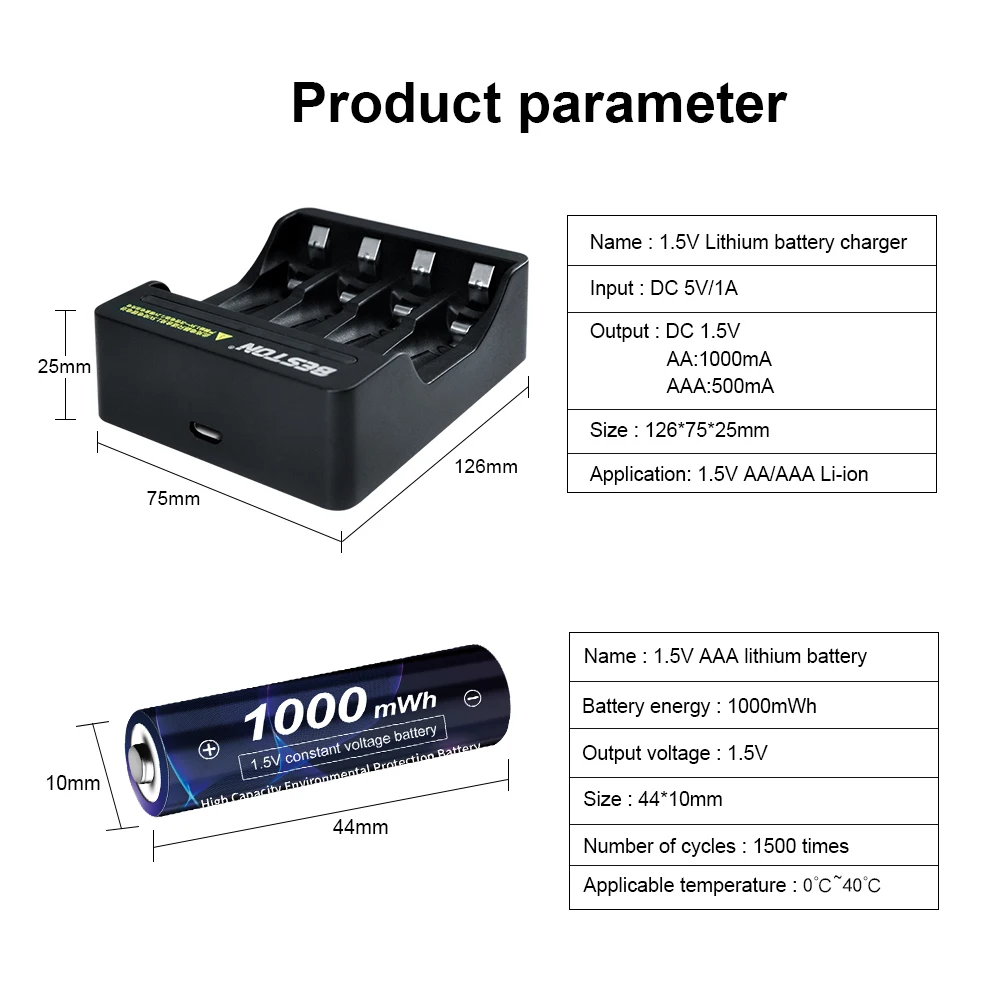 Rechargeable lithium batteries 1.5v AAA Lithium Rechargeable Battery 1000mWh AAA Battery 1.5v Li-ion Rechargeable Batteries 1.5V