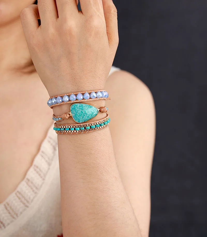Ethnic Leather Wrap Bracelets W/ Natural Stone Rhinestone Amazonite Beaded Strand Bracelet Teengirls Bohemian Jewelry Dropship