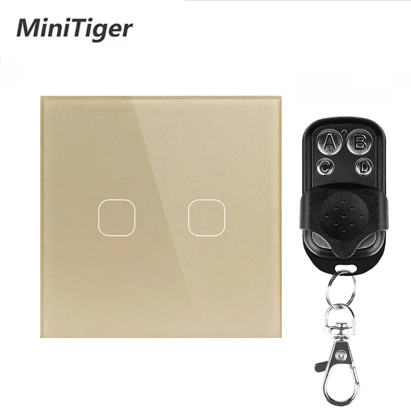 Minitiger ЕС/Великобритания Стандартный переключатель дистанционного управления 2 банды 1 способ RF433 умный настенный переключатель беспроводной пульт дистанционного управления Сенсорный светильник переключатель - Цвет: Gold 2 with remote