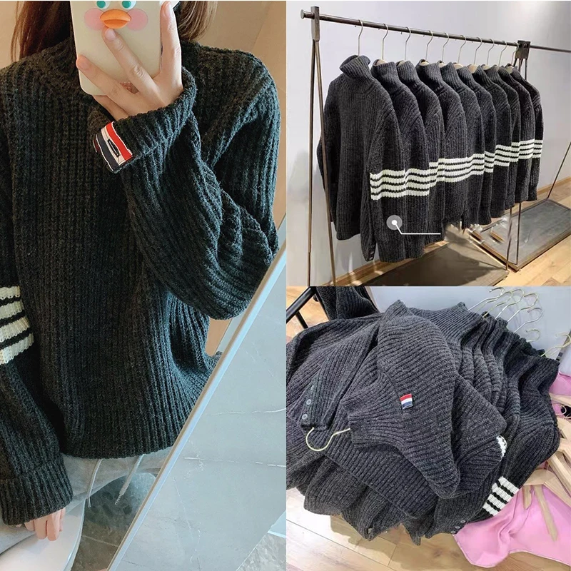 

2020 Fashion TB THOM Brand Sweaters Men Slim Fit Turtleneck Pullovers Clothing Striped Cotton Spring and Autumn Casual Coat
