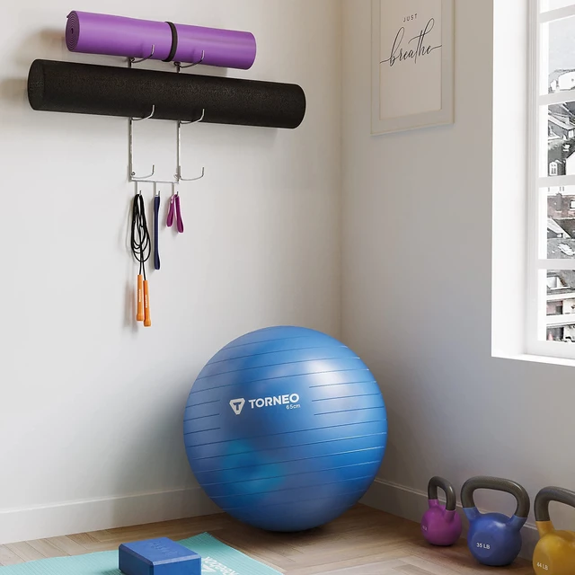 Wall-mounted yoga mat foam roller with 3 hooks for hanging yoga