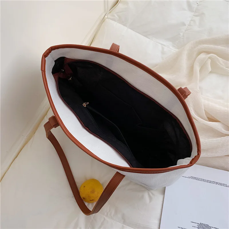 

Summer New Style Large Capacity Canvas Women's Tote Bag Contrast Color Zipper Shoulder Bag/ Hand Bag School Bag Simple Fashion S