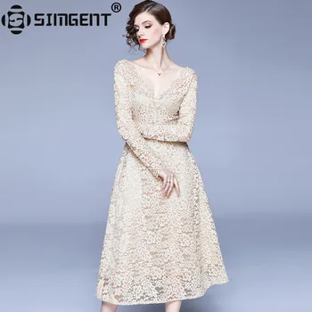 

Simgent Elegant V-Neck Dress Long Sleeve Women Fashion High Street High Quality Casual Party A Line Lace Dress SG911182