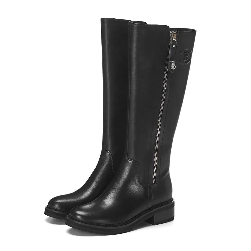 Meotina Winter Riding Boots Women Natural Genuine Leather Thick Heel Knee High Boots Zip Round Toe Shoes Ladies Fall Size 34-39 - Цвет: Черный