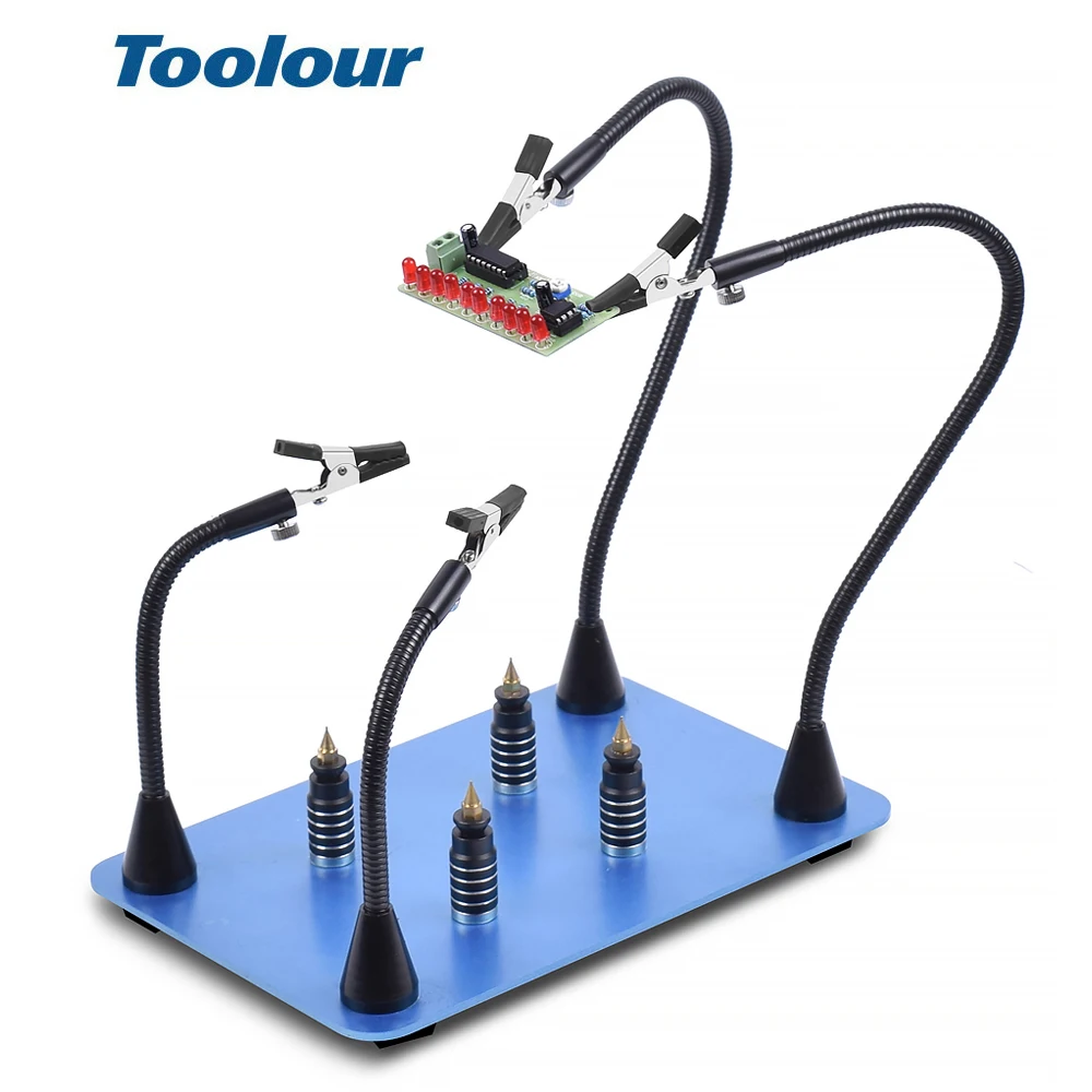 Baratos Toolour placa magnética PCB Clip fijo brazos flexibles soldadura de tercera mano Base de acero inoxidable PCB soporte herramienta de reparación de soldadura