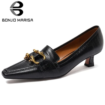 

BONJOMARISA Spring New Ladies Brand Genuine Leather Dress Pumps Office Fashion Decorating Pumps Women Med Heels Shoes Woman