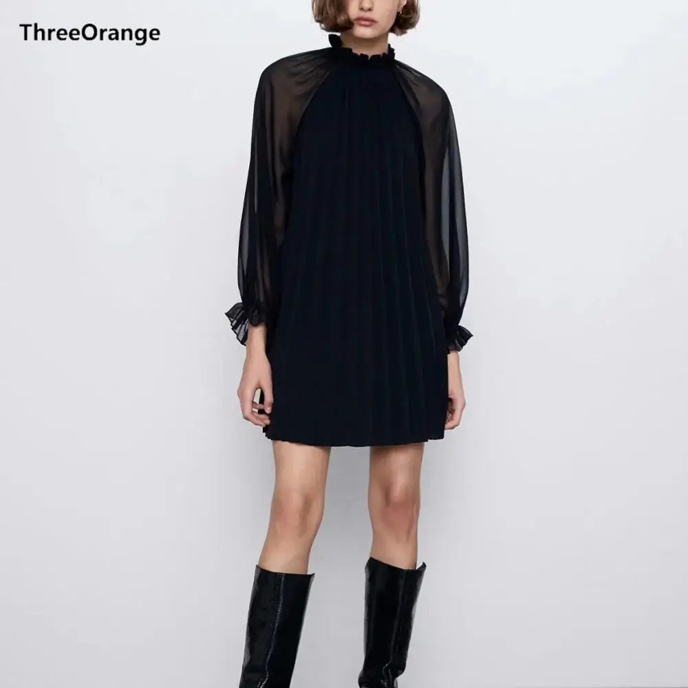

ZA 2020 new women dress black chiffon pleated see-through mesh sleeve ladies chic elegant sexy dress woman clothes