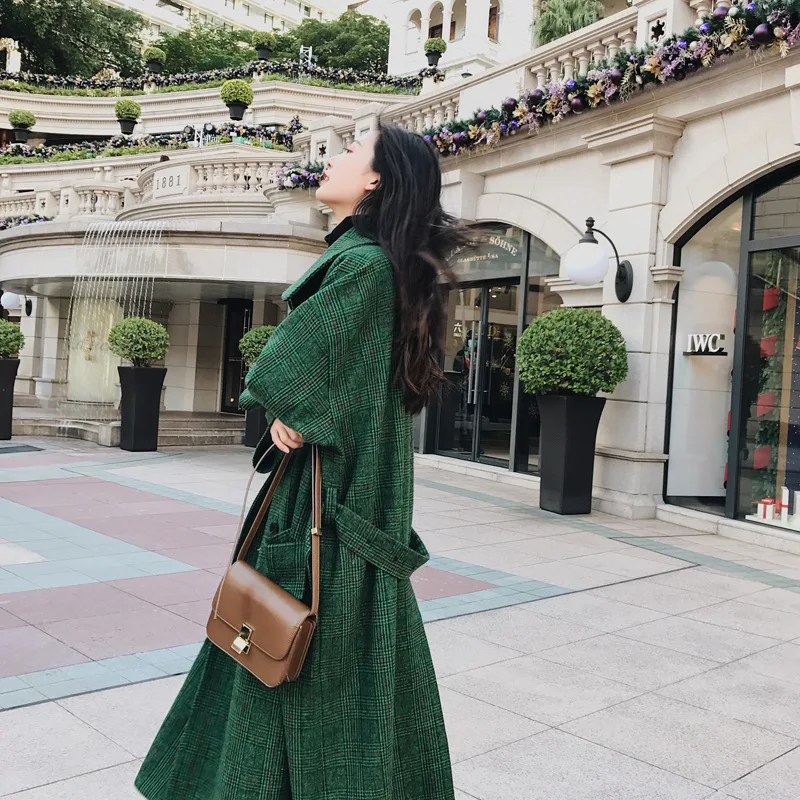 Осеннее и зимнее шерстяное пальто в ретро-зеленую клетку, женское, корейский стиль, выше колена, средняя длина, серия MORI BF, большой размер
