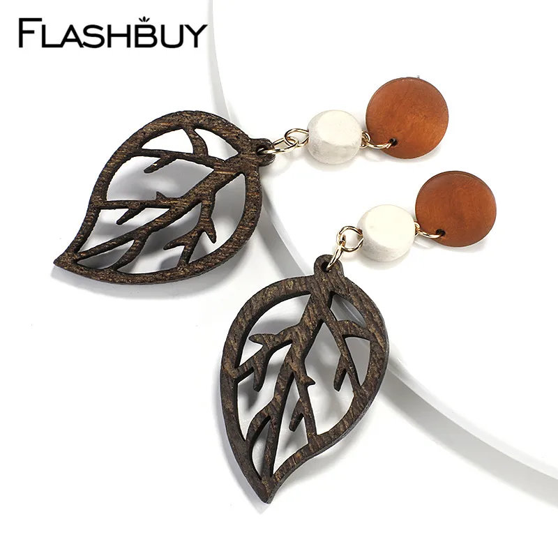 Женские Висячие серьги Flashbuy с деревянным листом полые натуральные массивные