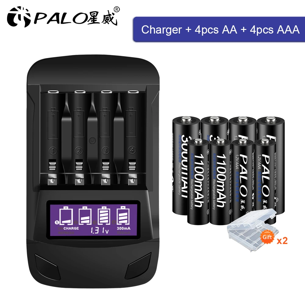 

PALO original AA AAA rechargeable battery aa 1.2V NIMH+Smart LCD AA AAA battery charger for AA fast charger discharge repair