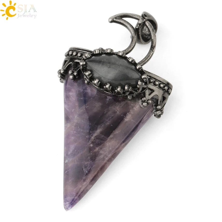 Amethyst CSJA, натуральная треугольная Подвеска из камня, ожерелье, античный серебряный цвет, корона, Луна, лабрадорит, геометрический, для женщин и мужчин, Трендовое ювелирное изделие G324 - Окраска металла: Amethyst