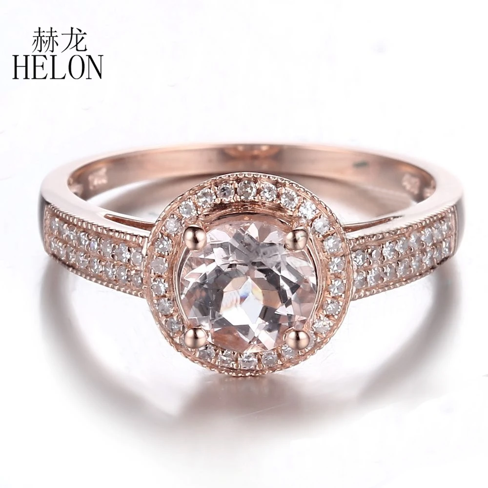 

HELON Solid 10K Rose Gold Flawless Round 6.5mm Genuine Morganite Diamond Halo Engagement Wedding Ring Brilliant Women Jewelry