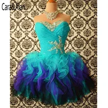 Красочные платья для выпускного вечера милый Кристалл бусины оборками органзы великолепное короткое платье на выпускной кружева назад изготовленные на заказ вечерние платья