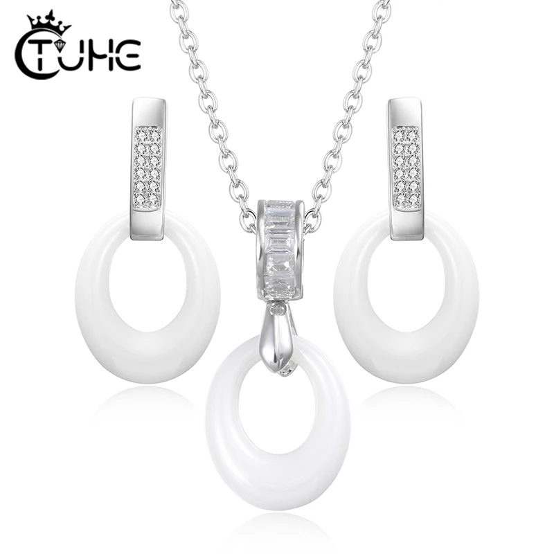 

Exquisite Women Wedding Necklace Earring Jewelry Set Healthy Ceramic Jewelry Sets Geometric Zircon Crystal Jewelry Set Wedding