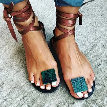 

Sgesvier Nude Straps Rome Sandals Women Flat Sandals 2020 Summer Lace up 5 Colors Cross Tied Women's Shoes Plus Size 34-48