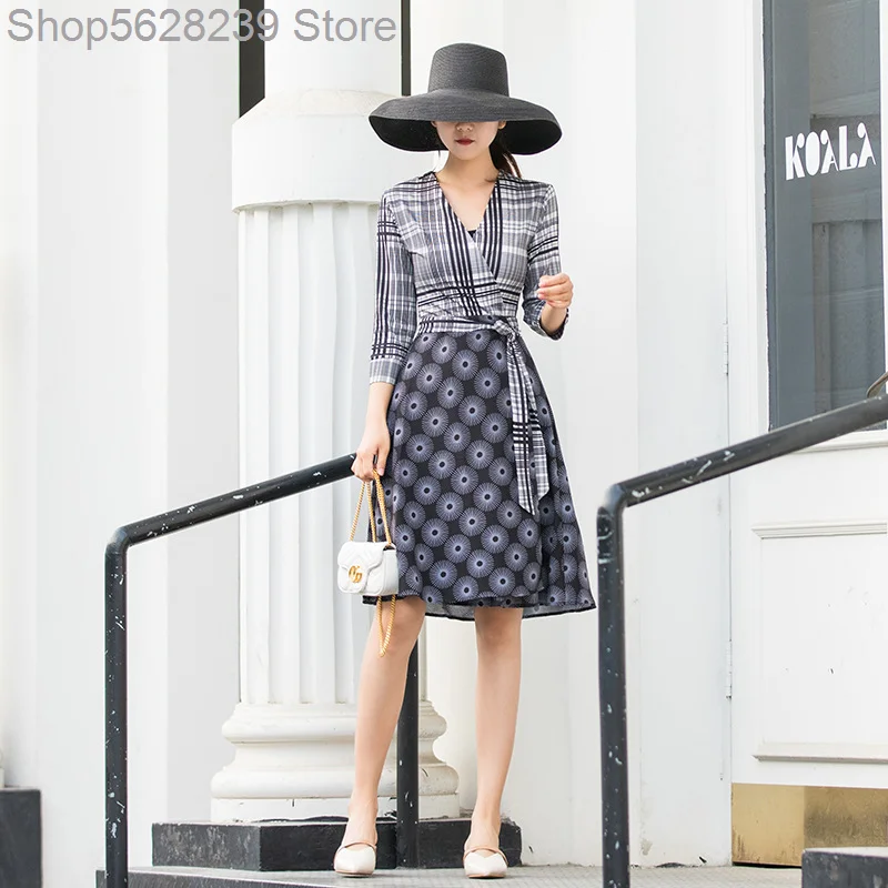 

2020 Summer Plaid Splicing V Collar Lace Slim Fit Slim Dress Wrap Skirt Female