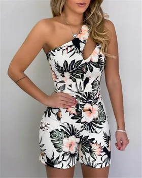 

Vintage Women Sleeveless Single Strap Off Shoulder Playsuit 2020 New Hollow Out Floral Print Slim Jumpsuit High Waist Rompers