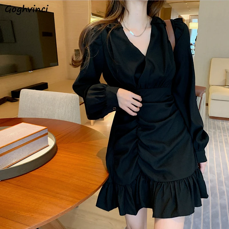 Women Long Sleeve Dresses Solid Ruffles Elegant Gentle Sweet V-neck Shirring Ulzzang Trendy A-line Irregular Designed Slim Teens corset dress