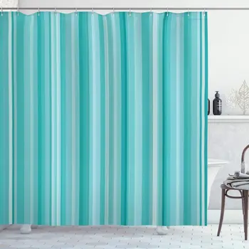 

Aqua Shower Curtain Abstract Ocean Inspired Palette Lines Geometrical Image Bathroom Decor Set with Hooks 84" Long Extra