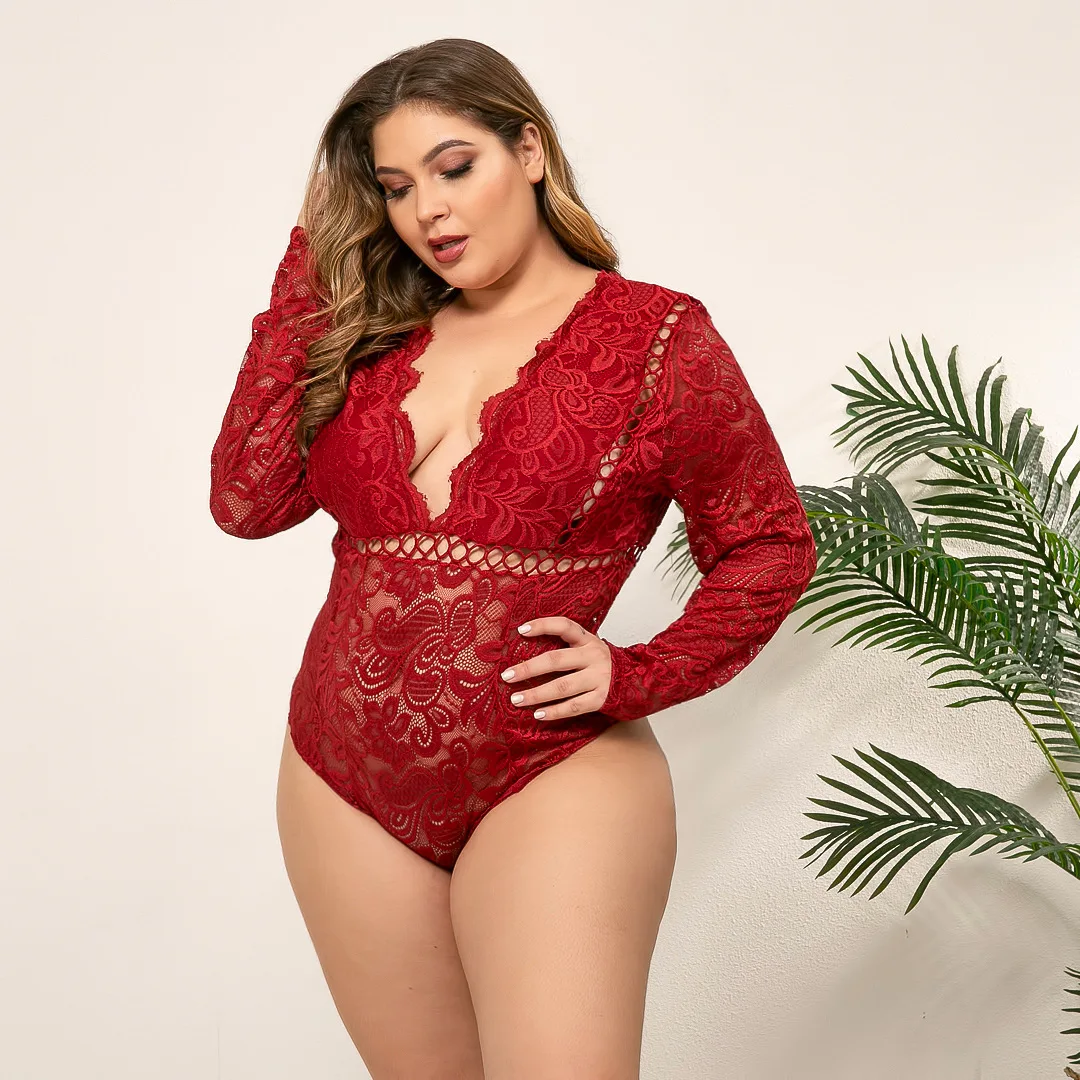 

Sexy Lace Hollow Out Bodysuit for Woman See Through Deep V Plus Size 4XL High Waist Slim jumpsuits 2020 New Fashion