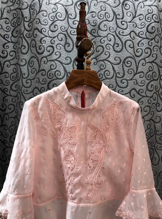 Spring Fashion Pink Dark Blue Tops Ladies Stand Neck Butterfly Embroidery Flare Sleeve Sweet Cute Blouse Shirts Cotton Tops