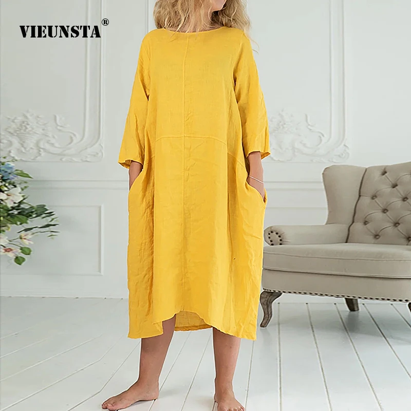 

VIEUNSTA Women's Summer Midi Dress Grace Round Neck Loose Pocket Dress Fashion Solid Color Casual Half Sleeve Party Dresses 2021