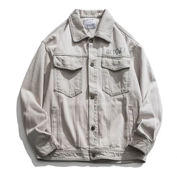 

Gray denim jackets Streetwear Washed Hip Hop Mens Vintage Punk Rock Letter Print Male Button Oversize Multi-pocket Jacket Tops
