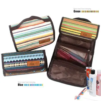 

Camping Wash Bag Cosmetic Storage Bag Rollable 4Layer Mesh Zipper Handbag Patchwork Stripe Pattern On For Outdoor Travel Hiking