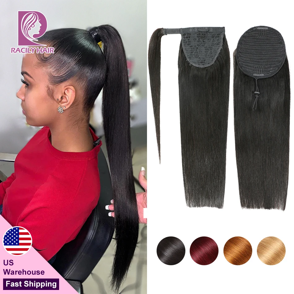 Racily Hair-extensiones de cabello humano brasileño con coleta y cordón recto, Remy, degradado, 4 colores