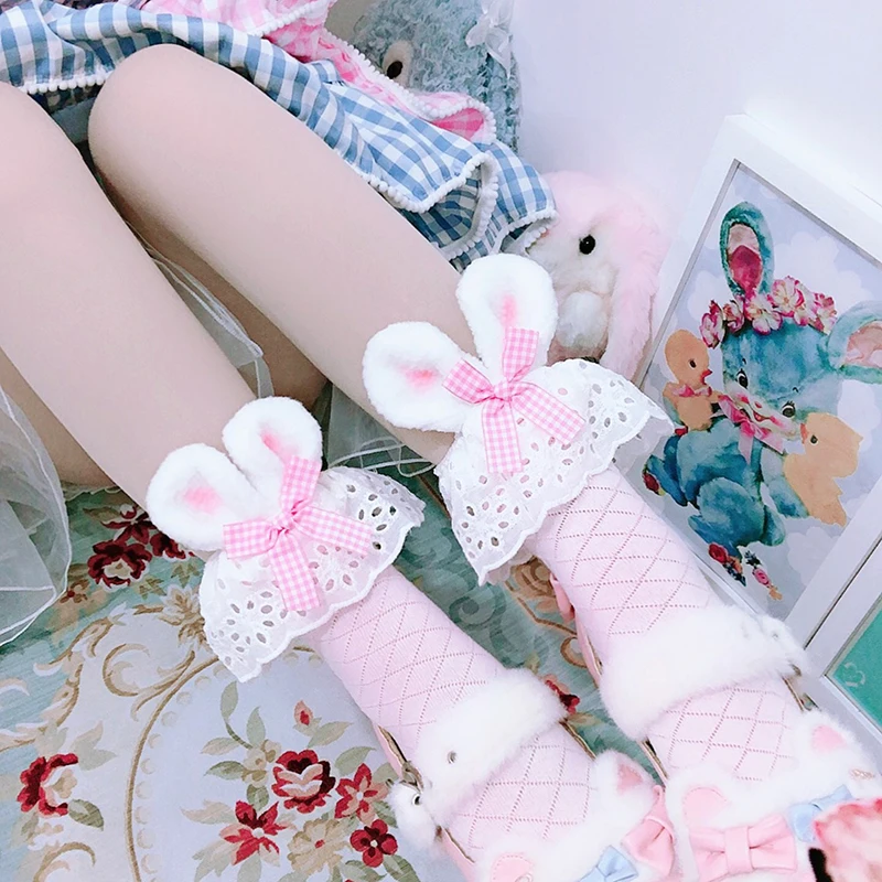 Cosplay&ware Pink Girls Kawaii Lolita Socks Cute Rabbit Ears Bowknot Japanese Gothic Lace Ruffles Stocking Cotton Cosplay -Zentai shop online H4380378d037541c38d0b723721c5dc18i.jpg