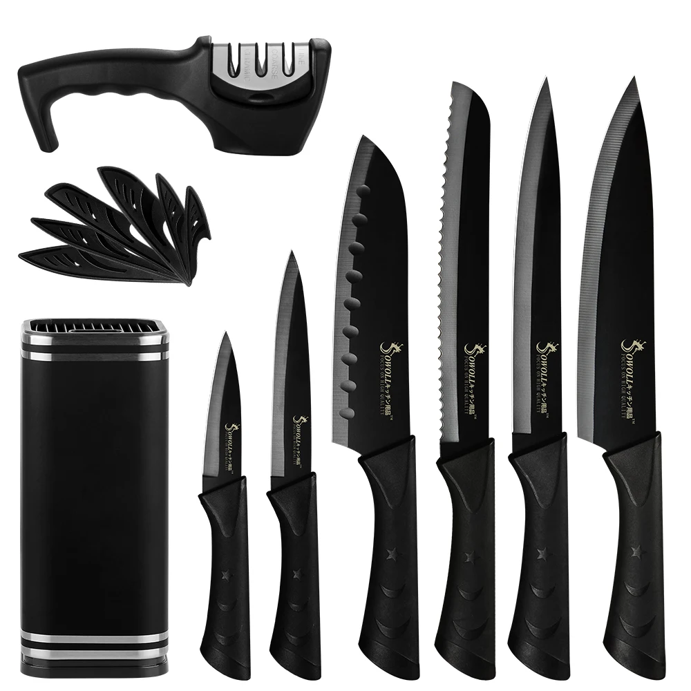 Sowoll Kitchen Knife Set Black Blade Quality Stainless Steel Chef Knife With Knife Sharpener Magnetic Holder Kitchen Tool|Kitchen Knives| – AliExpress