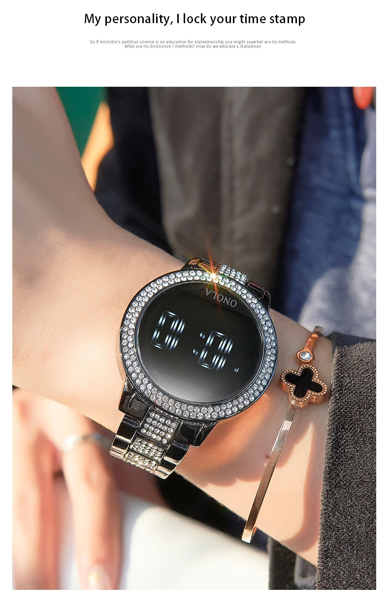 Fashion full diamond touch screen Led display ladies waterproof steel band quartz movement electronic watch business watch