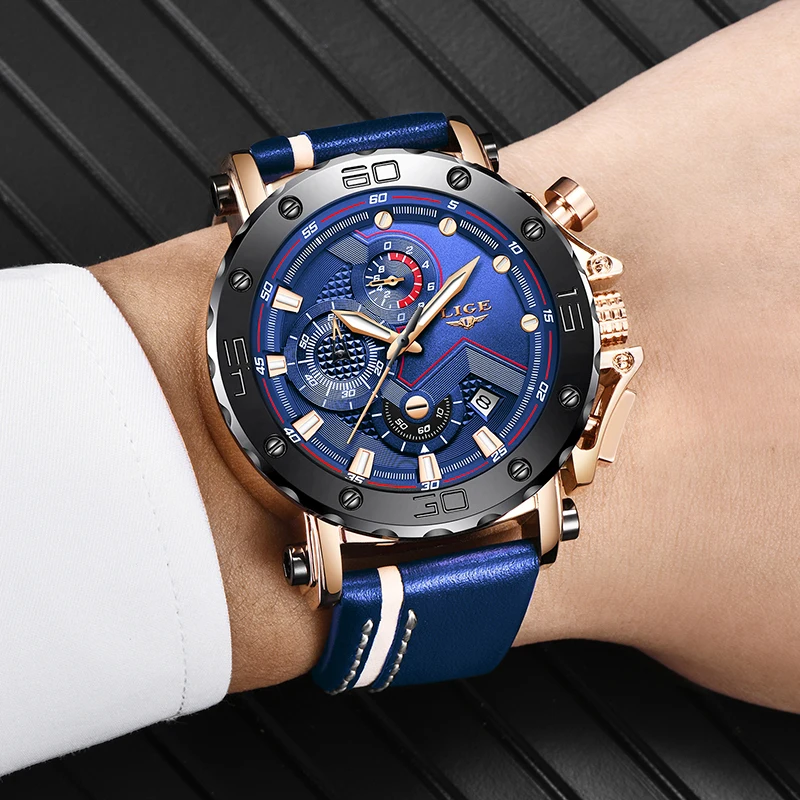 New Lige Mens Watches Top Brand Luxury Big Dial Military Quartz Watch Casual Leather Waterproo-4