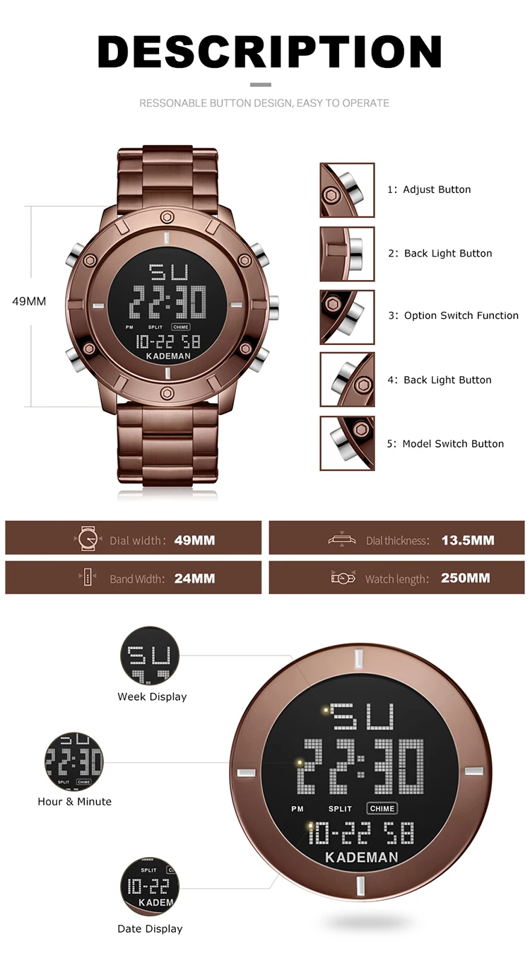 KADEMAN Лидирующий бренд мужские часы Стильные Erkek Kol Saati водонепроницаемые цифровые наручные часы Дата Календарь Будильник на неделю дисплей мужские часы