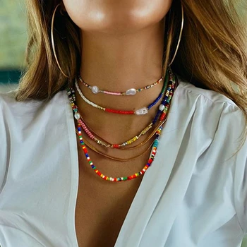 

Bohemian Colorful Seed Bead Pearl Flower Choker Necklace Statement Short Collar Clavicle Summer Chain Necklace for Women Jewelry
