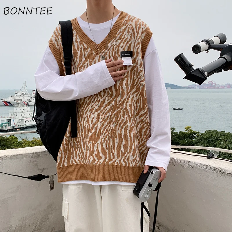 Suéter con patrón de cebra para hombre, chaleco con cuello en V Harajuku, estilo coreano Ins, chaleco elegante holgado de punto, moda para estudiantes, Ulzzang Chic
