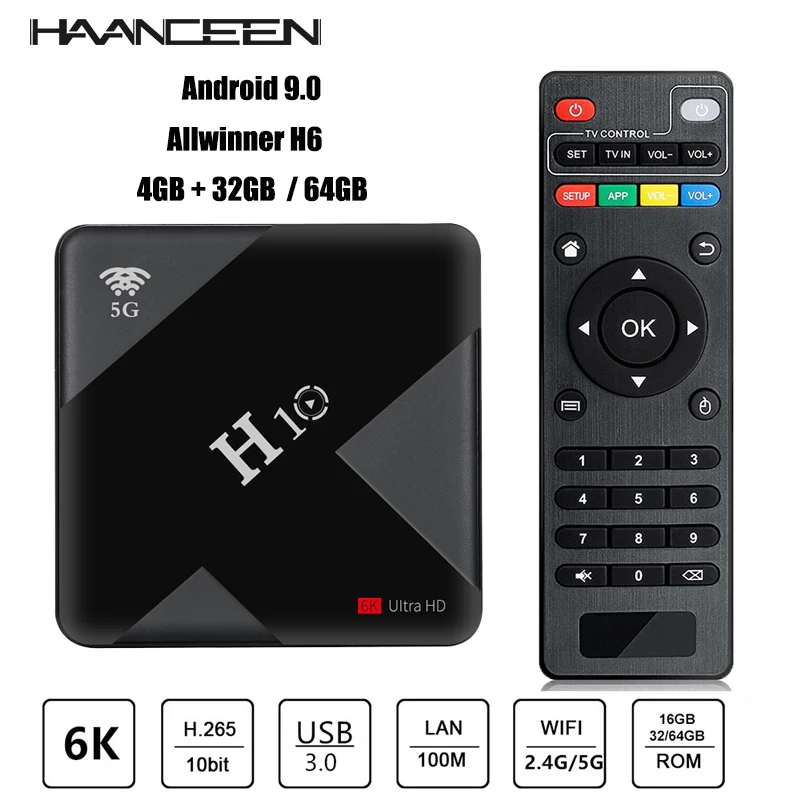 

тв приставка H10 Android 9.0 TV Box 4GB 64GB Allwinner H6 Quad Core 6K Smart TV Box 4GB 32GB Dual Wifi 2.4G/5G USB3.0 Set top box